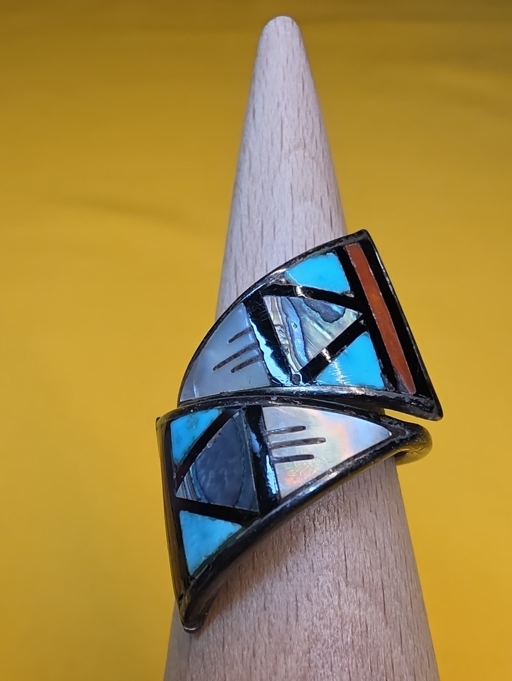Vintage Zuni Silver Ring - Multi-Stone Inlay By Alonzo and Rosalia Bowekaty